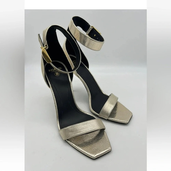 Balmain Uma Lizard-Embossed Leather Sandals Gold Women’s EU 37.5 New In box - Picture 12 of 16